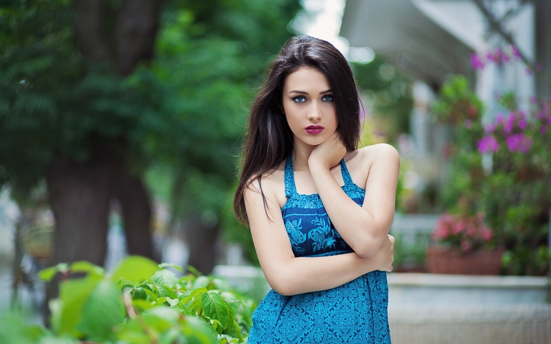 girl brunette dress face view