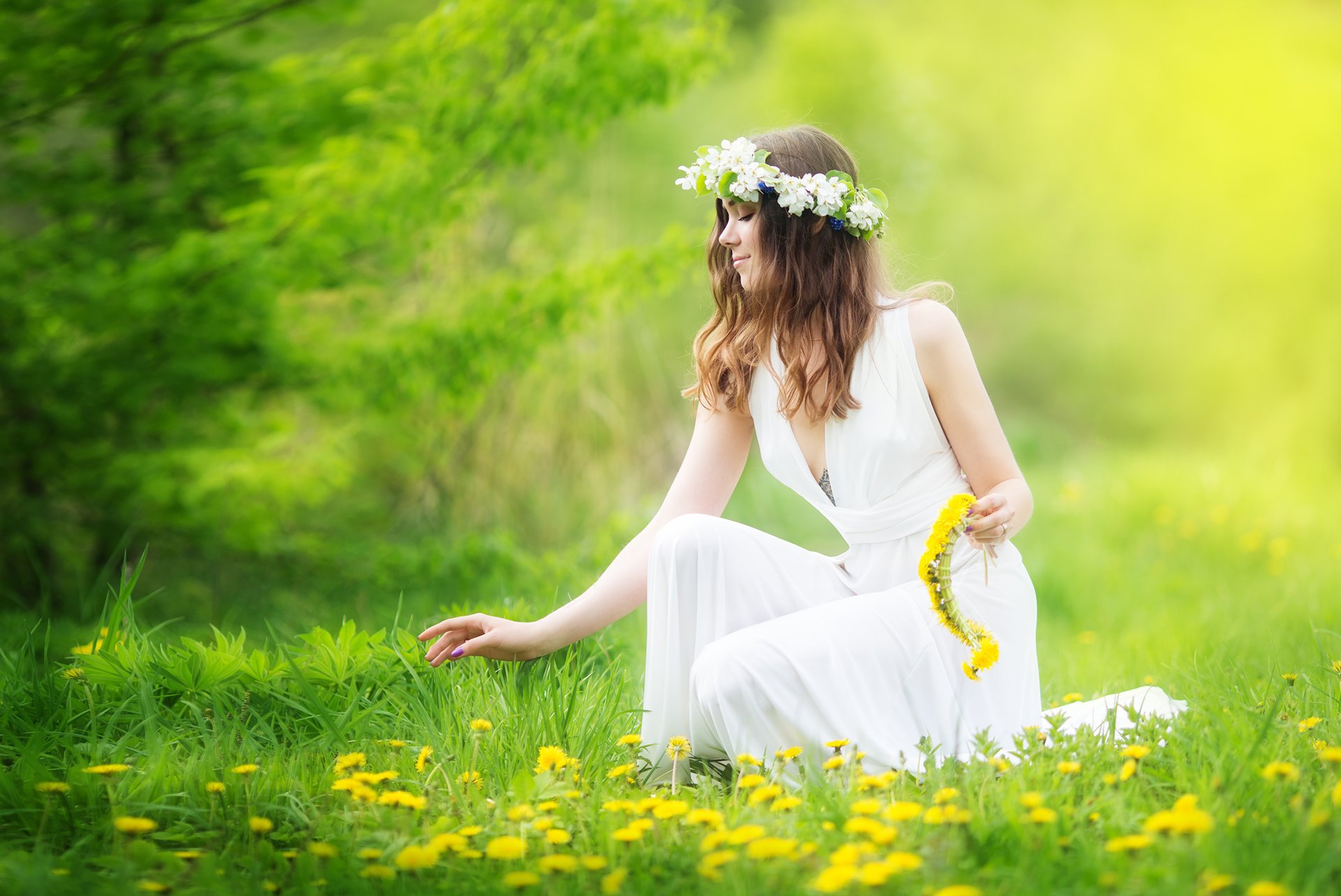 girl brown hair section wreath dandelions flower