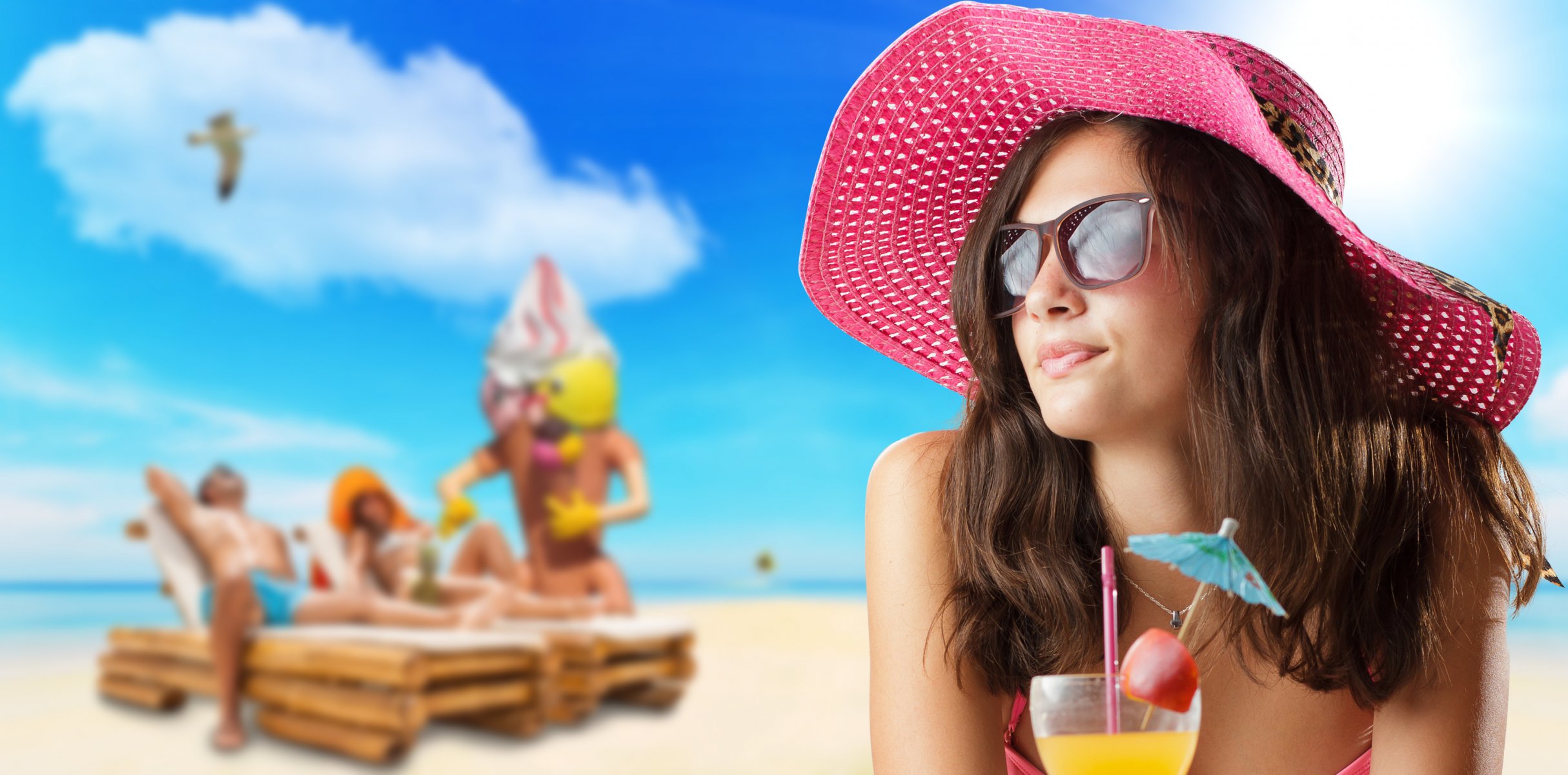 ragazza spiaggia estate partito viaggi cappello rosa cocktail