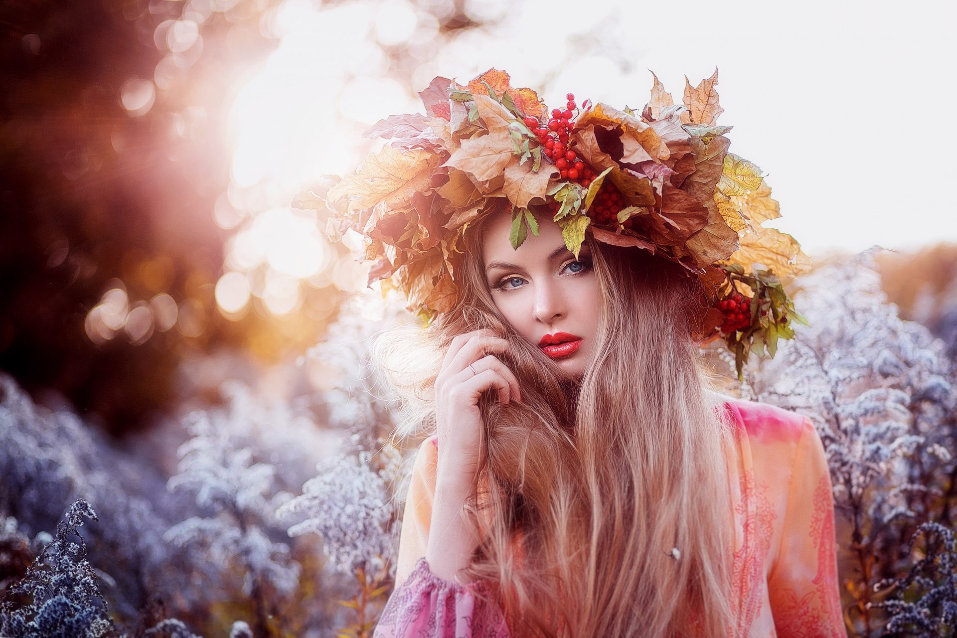 girl face hair view eyes red lips leaves background