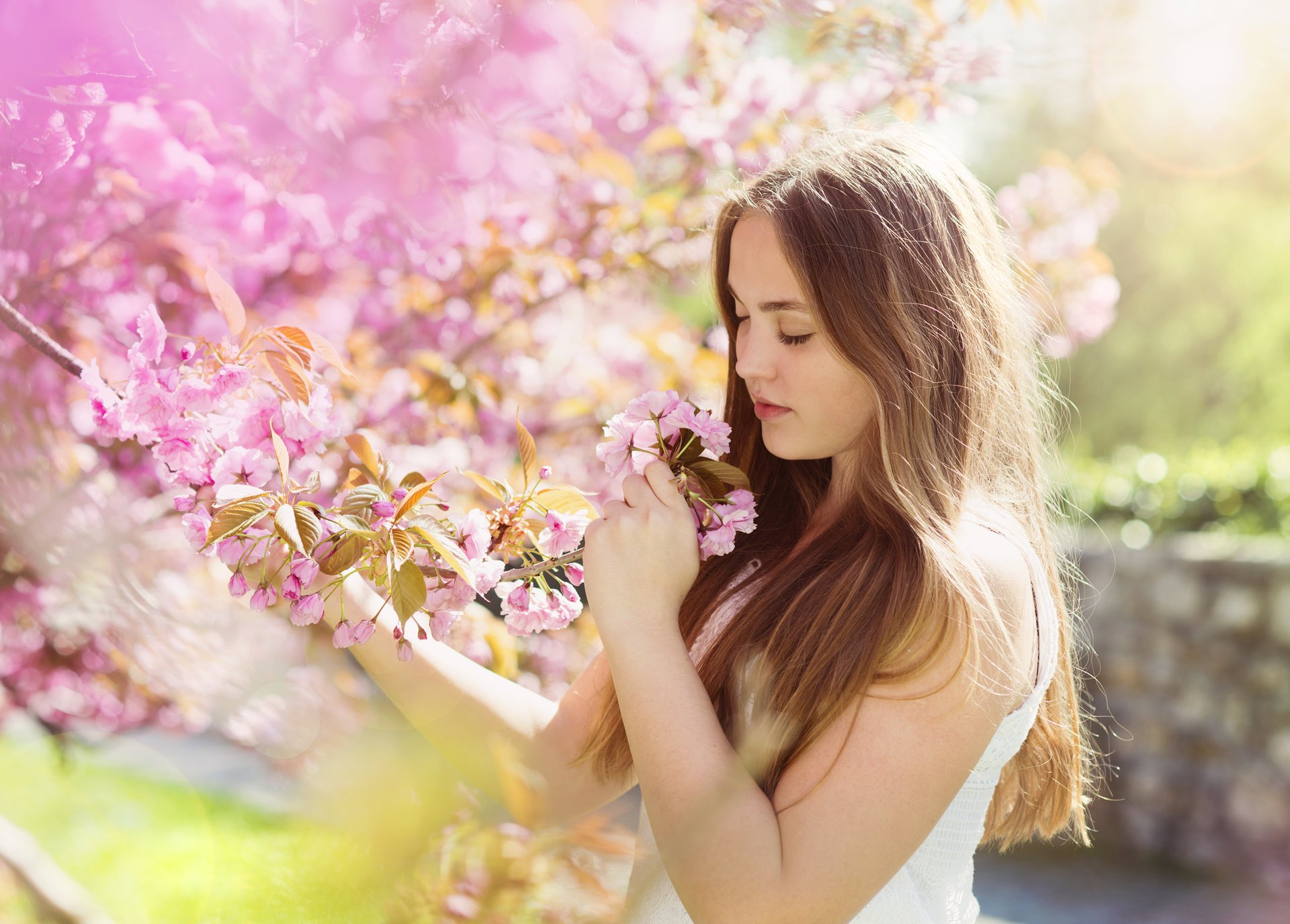 girl brown-haired spring flowers brown hair spring