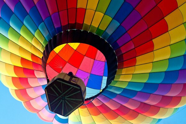 Ein regenbogenfarbener Ballon, der in einem wolkenlosen Himmel fliegt