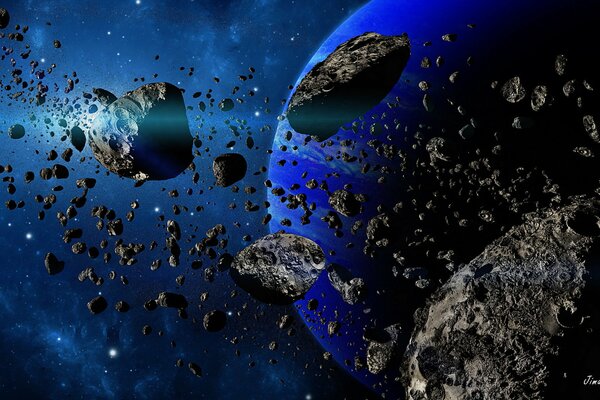 Spazio con pianeti sullo sfondo di asteroidi stellari