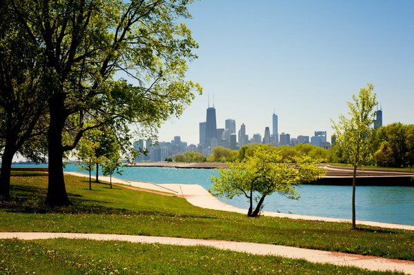 Parco a Chicago con vista sui grattacieli