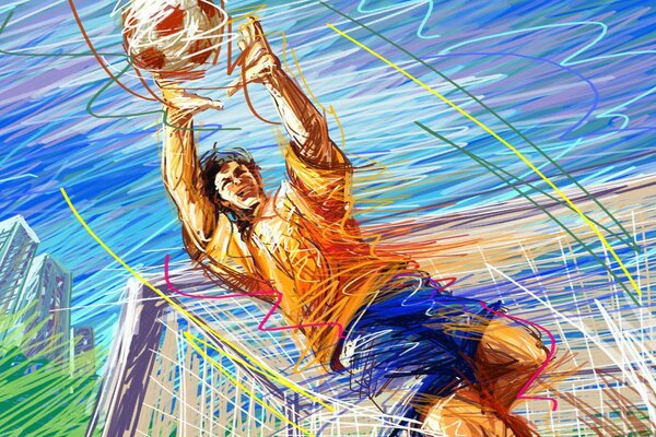 The goalkeeper, drawn with a felt-tip pen, catches the ball