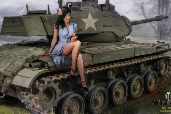 A girl in a blue dress with a flower is sitting on a tank