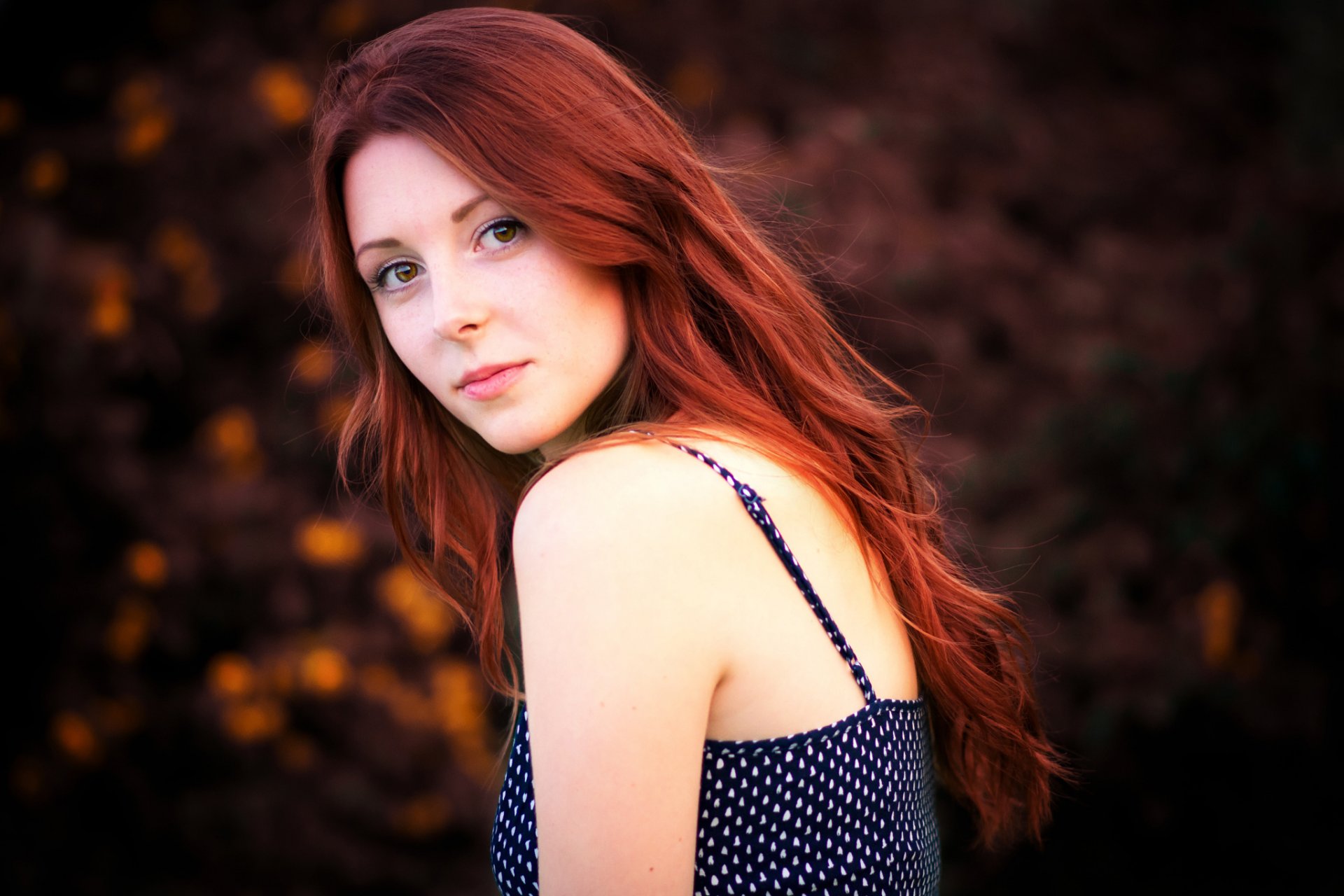 portrait face eyes hair style red sun dress shoulder