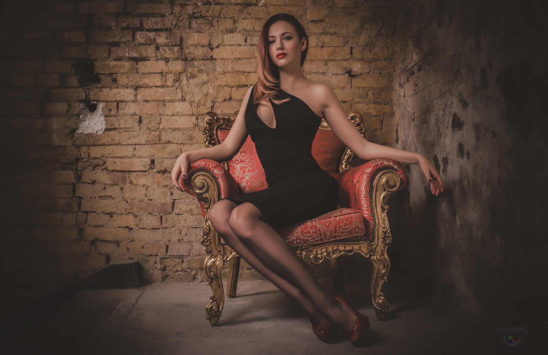 andrey krasovsky photographer elegant babe sitting chair dress a cutout feet face view temptation