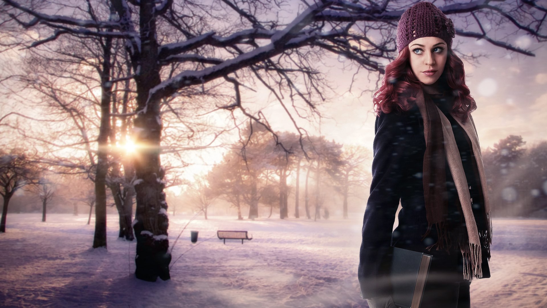 chica belleza invierno fantasía sombrero bufanda banco nieve fondo árboles pelirroja sol libro naturaleza