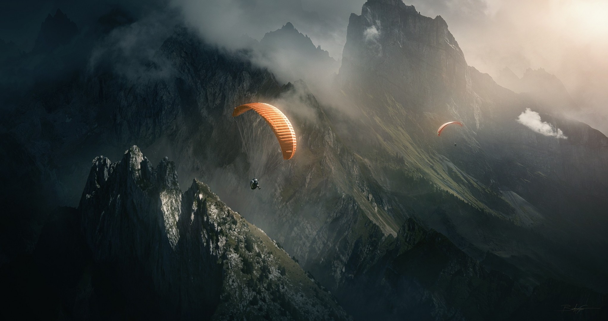 nature light fog parachute sports parachutists mountain rock