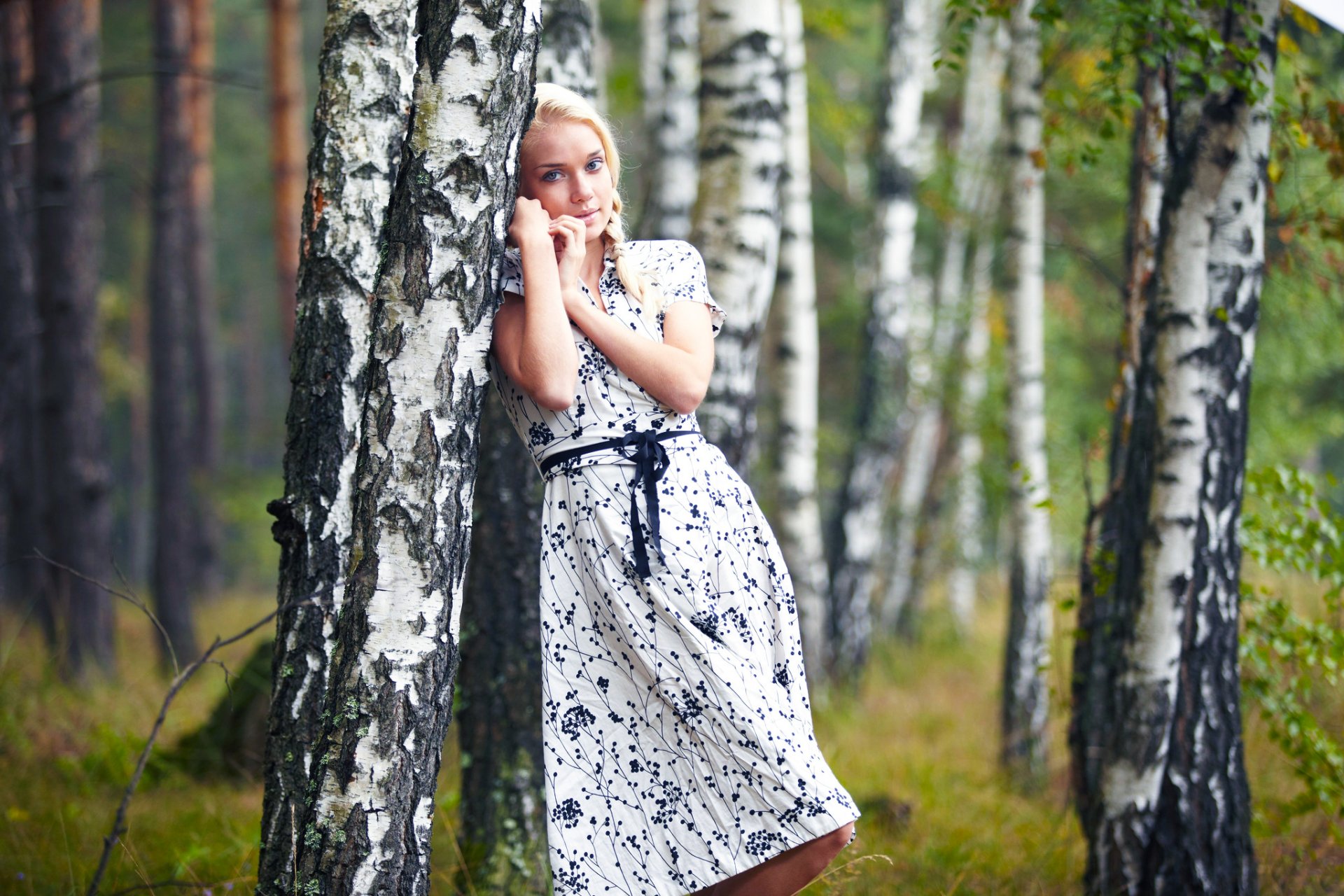 alyona aljena girl blonde model standing birch tree forest babe cutie poses beautiful