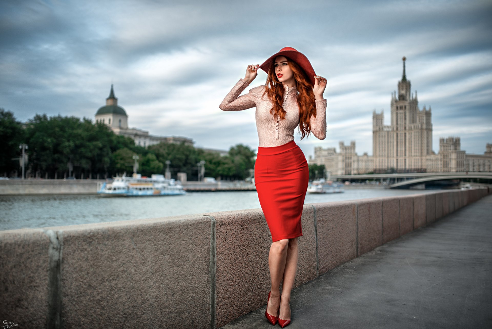 girl nadezhda neyasova red graz portrait town george chernyad ev hat jacket skirt shoes lady moscow perfect beauty fashionista feet figure moscow state university bridge river