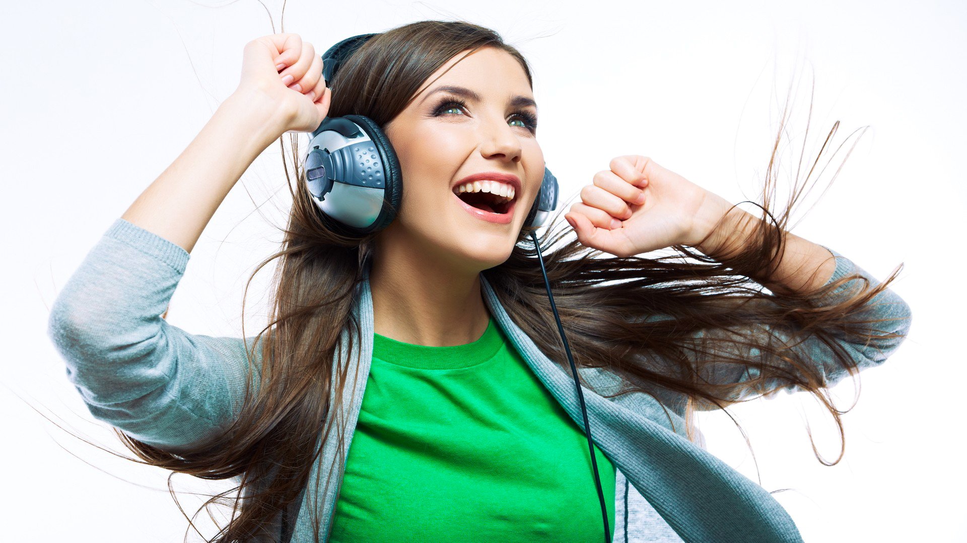 girl happiness delight headphones music