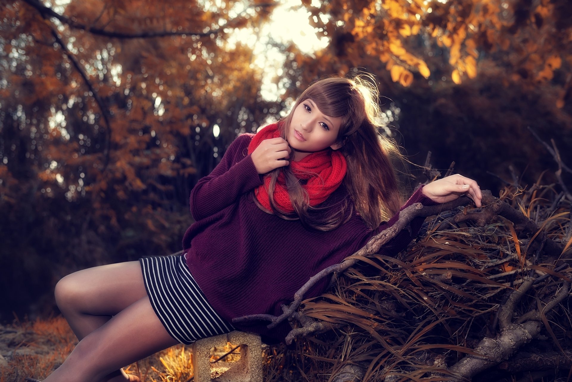 girl asian pose view jacket mating red scarf spring leaves tree