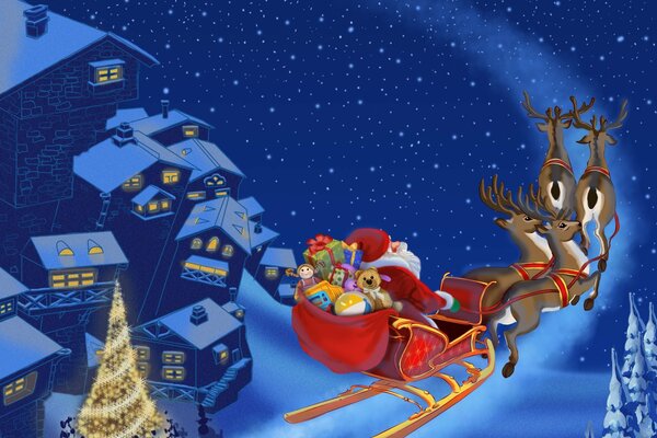 Санта клаус отправляется дарить свои подарки
