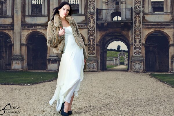 Posing model in a dress and fur coat