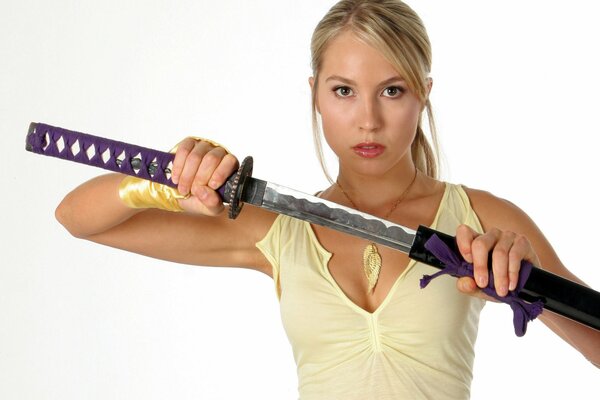 Sarah Carter in the hands of a sharp sword