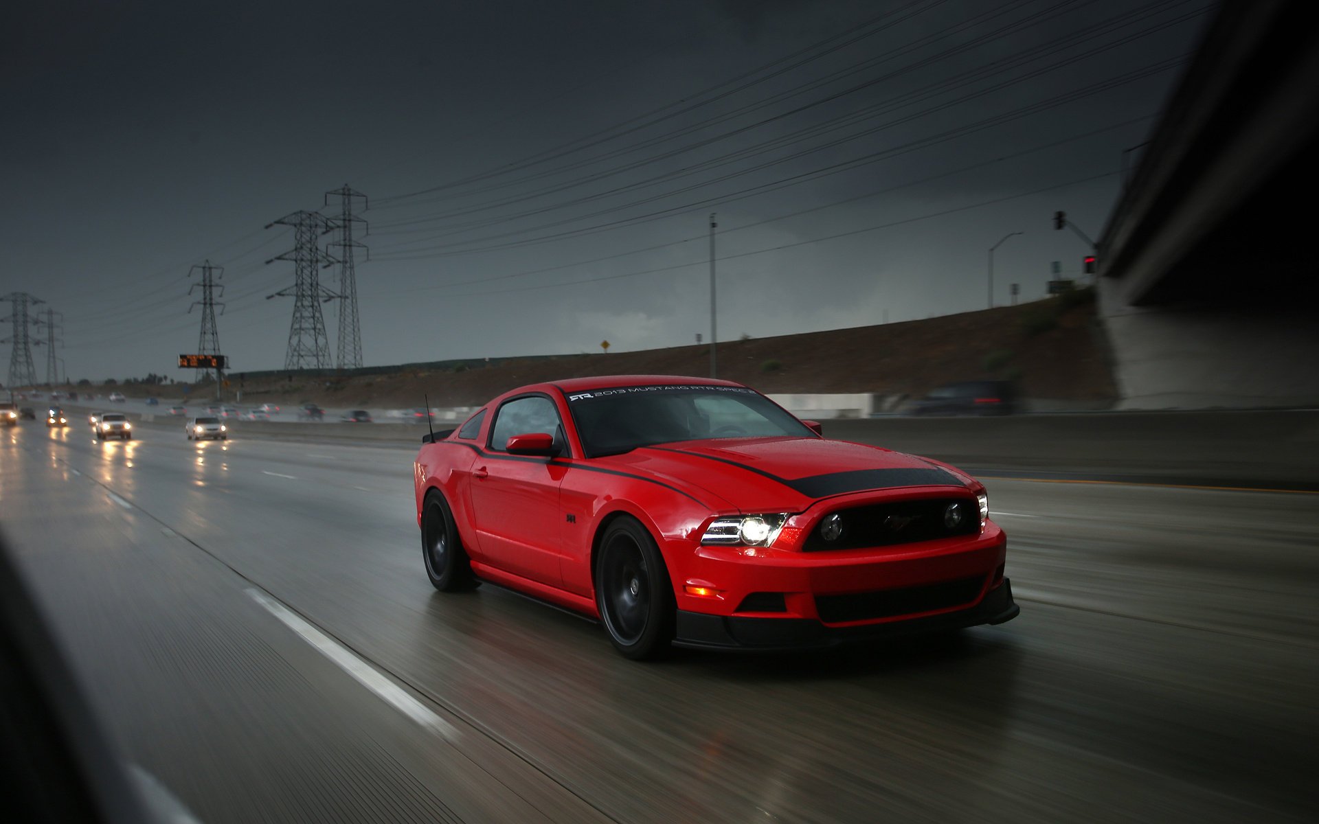 ford mustang red ford mustang rtr rain sports car road speed