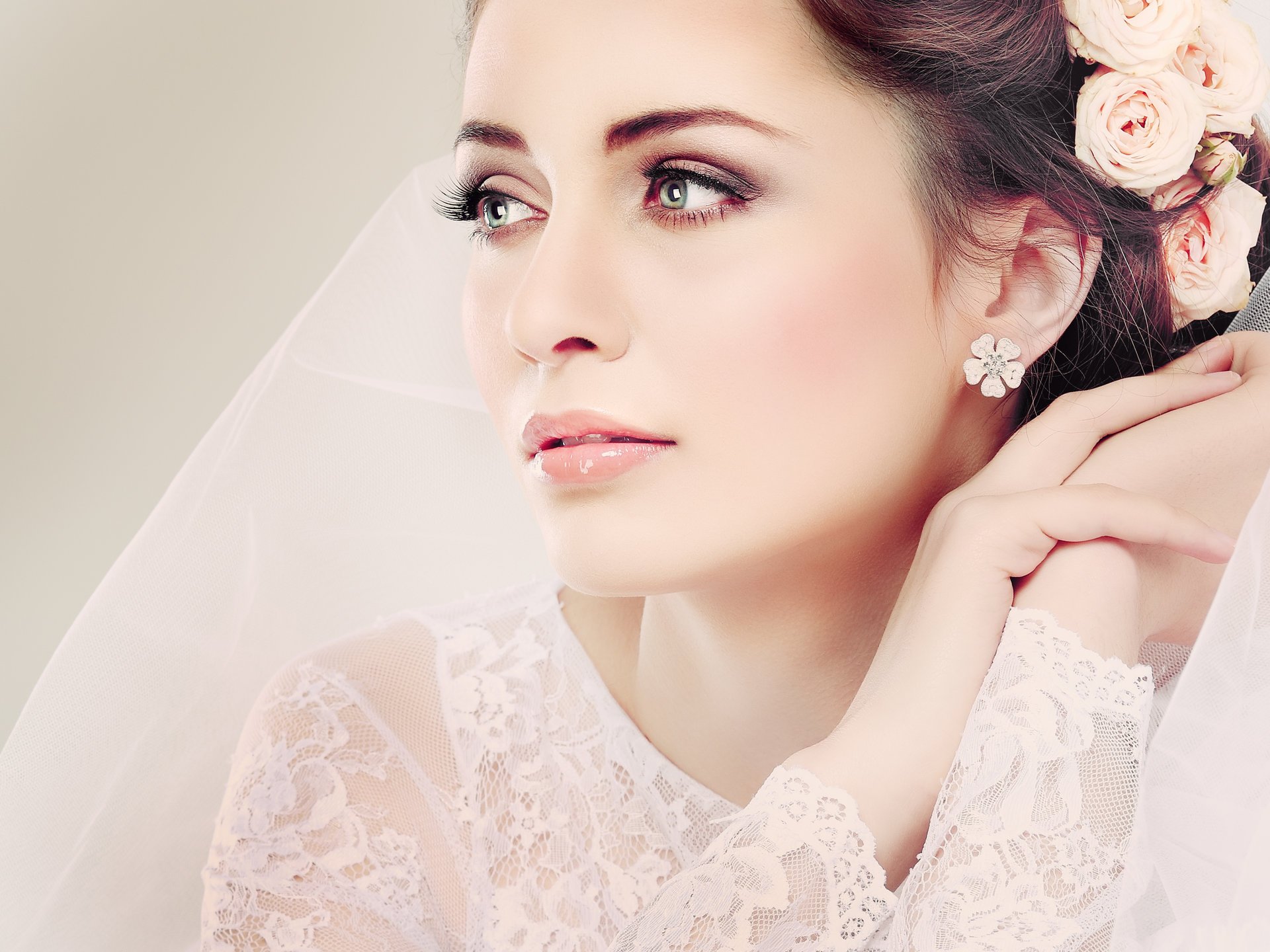 girl brown hair bride flower face view