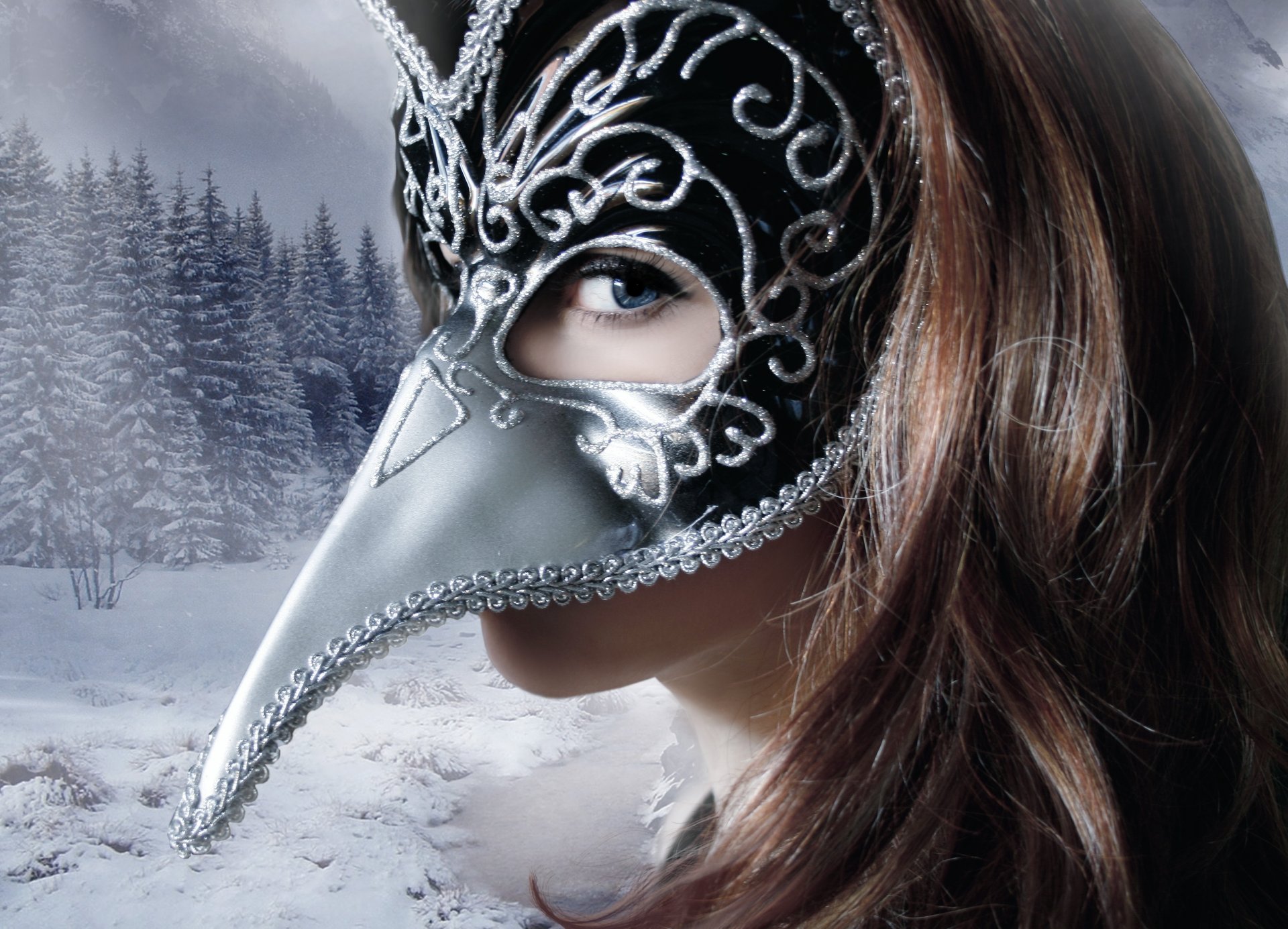 fille vue visage masque cheveux fond hiver neige arbres