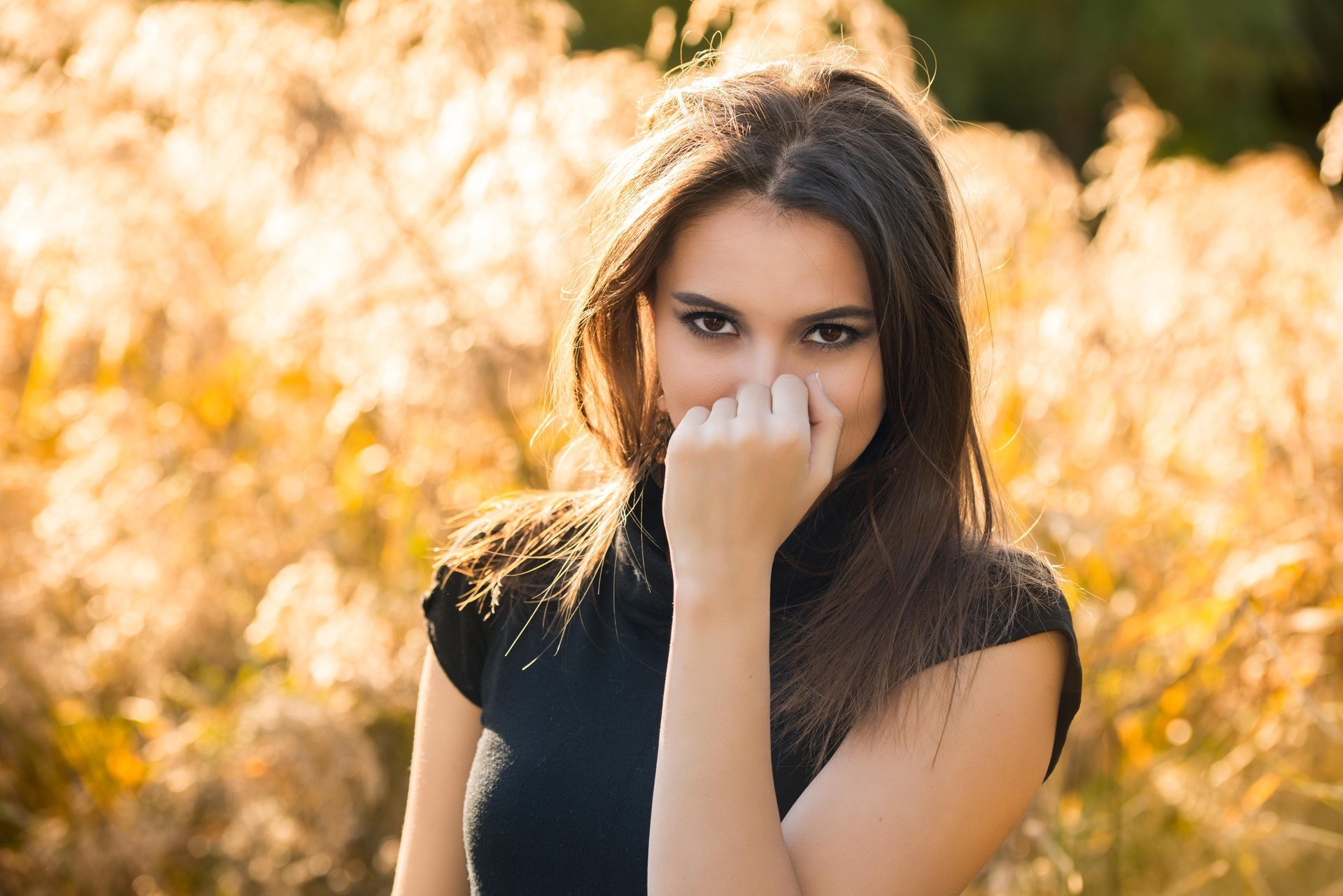 girl view brown eyes hair hand nature