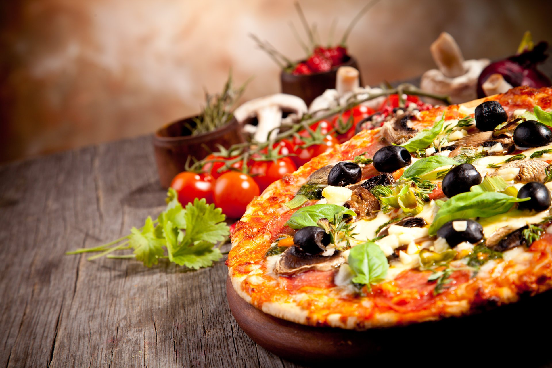 pizza tomatoes dish cheese parsley mushrooms olive