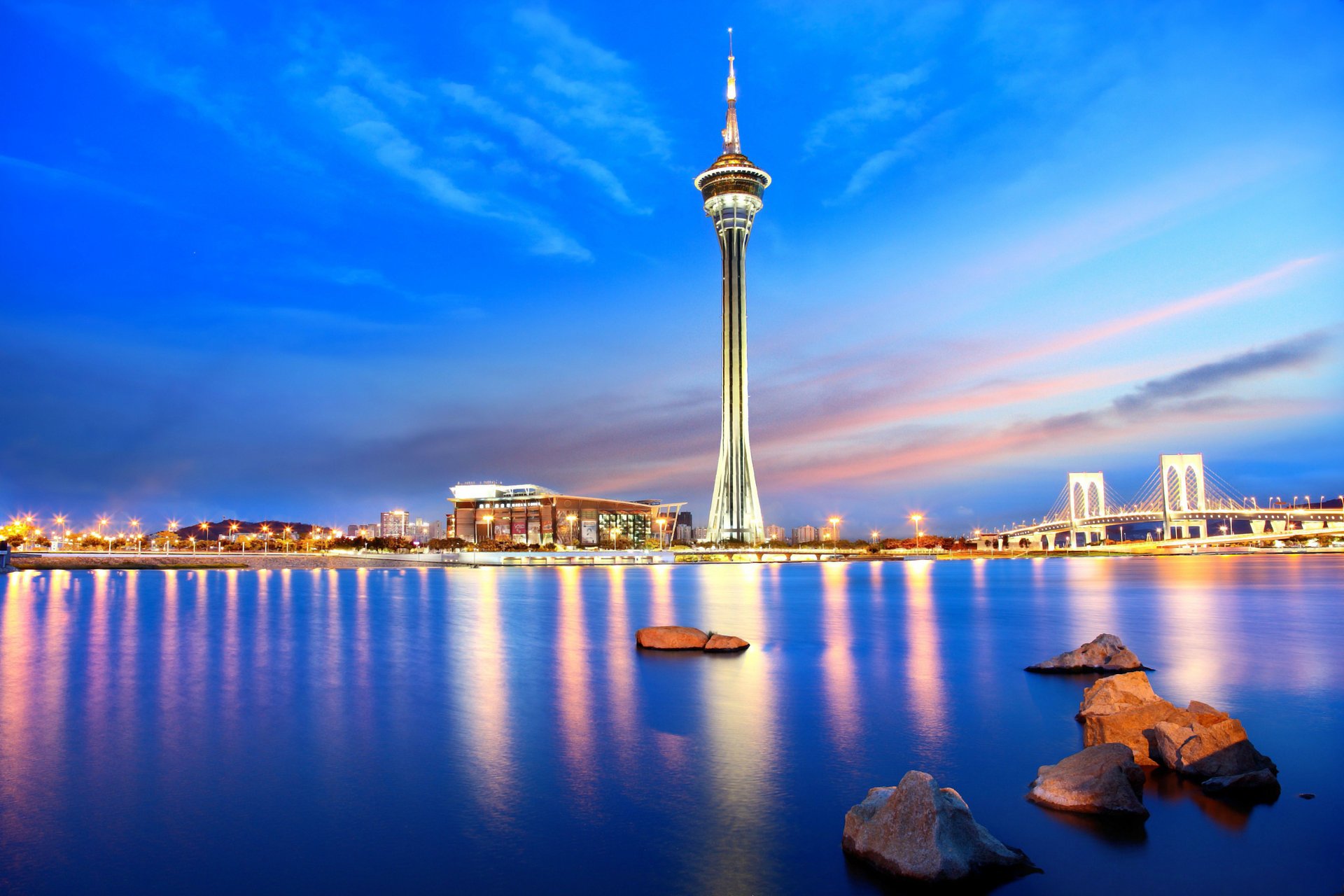 china xin macau stadt turm meer brücke abend