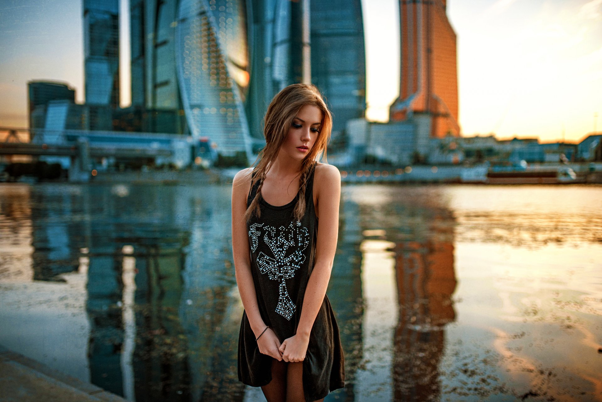 beauty black dress eyes woman girl model popular portrait summer sun city lonely moscow