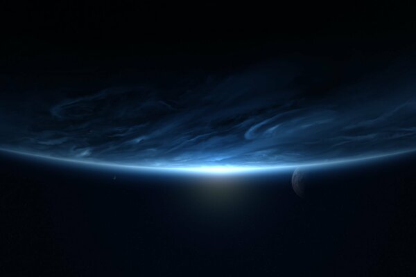 Cold space landscape with a blue planet