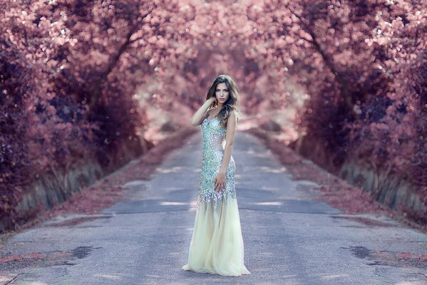 A girl in a long dress on the road