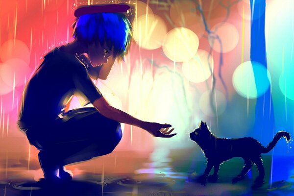 A boy with a cat in the rain in the anime style