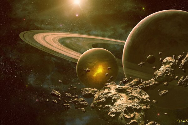 Saturne des satellites derrière les astéroïdes dans l espace
