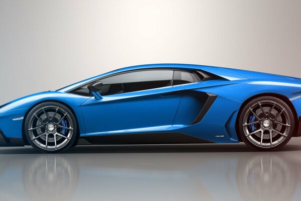 Bright blue Lamborghini with mirror reflection