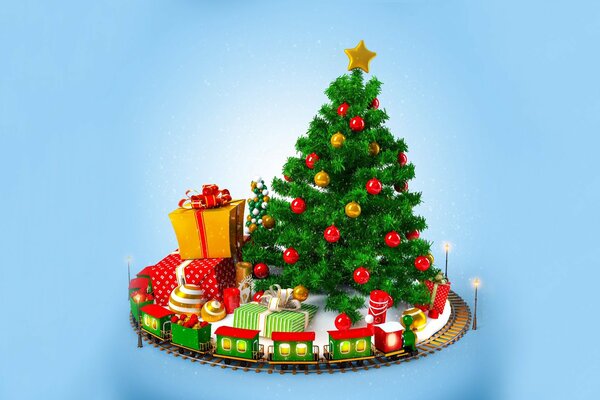 Tren rodando alrededor del árbol de Navidad con juguetes
