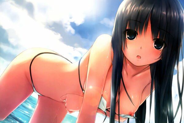 Anime dark-haired girl with bare breasts