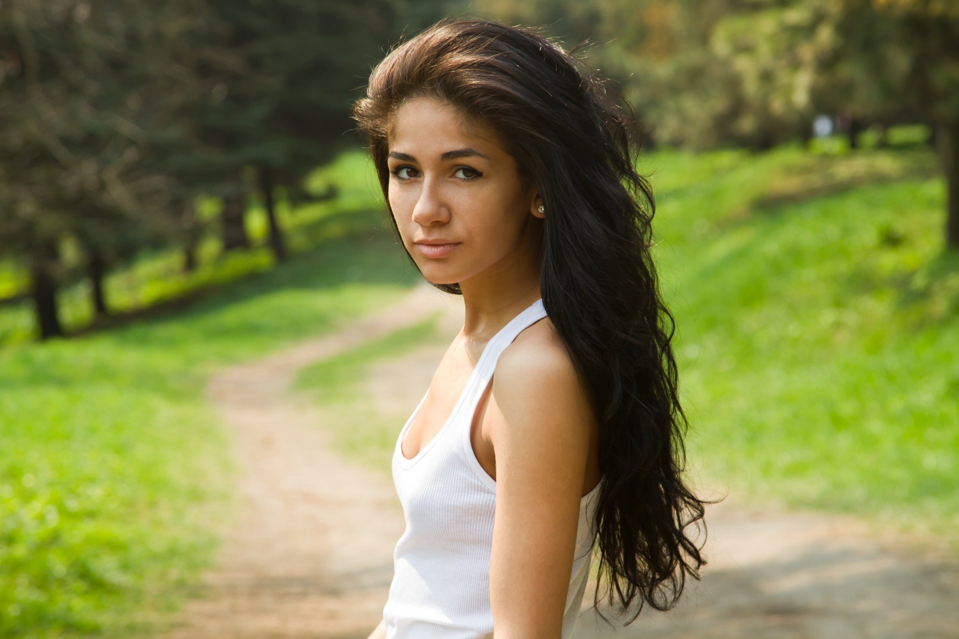 girl brunette view jersey nature track