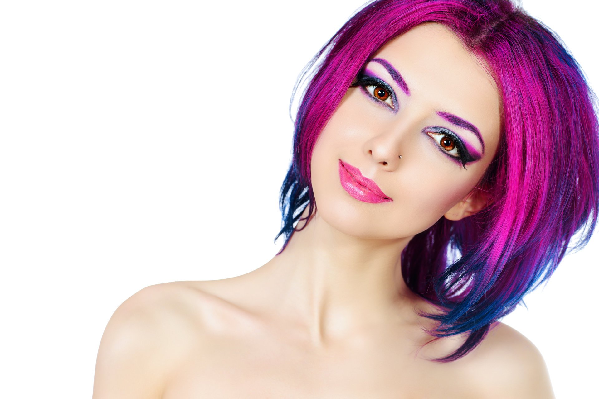 girl bright hair view brown eyes piercing shoulders background