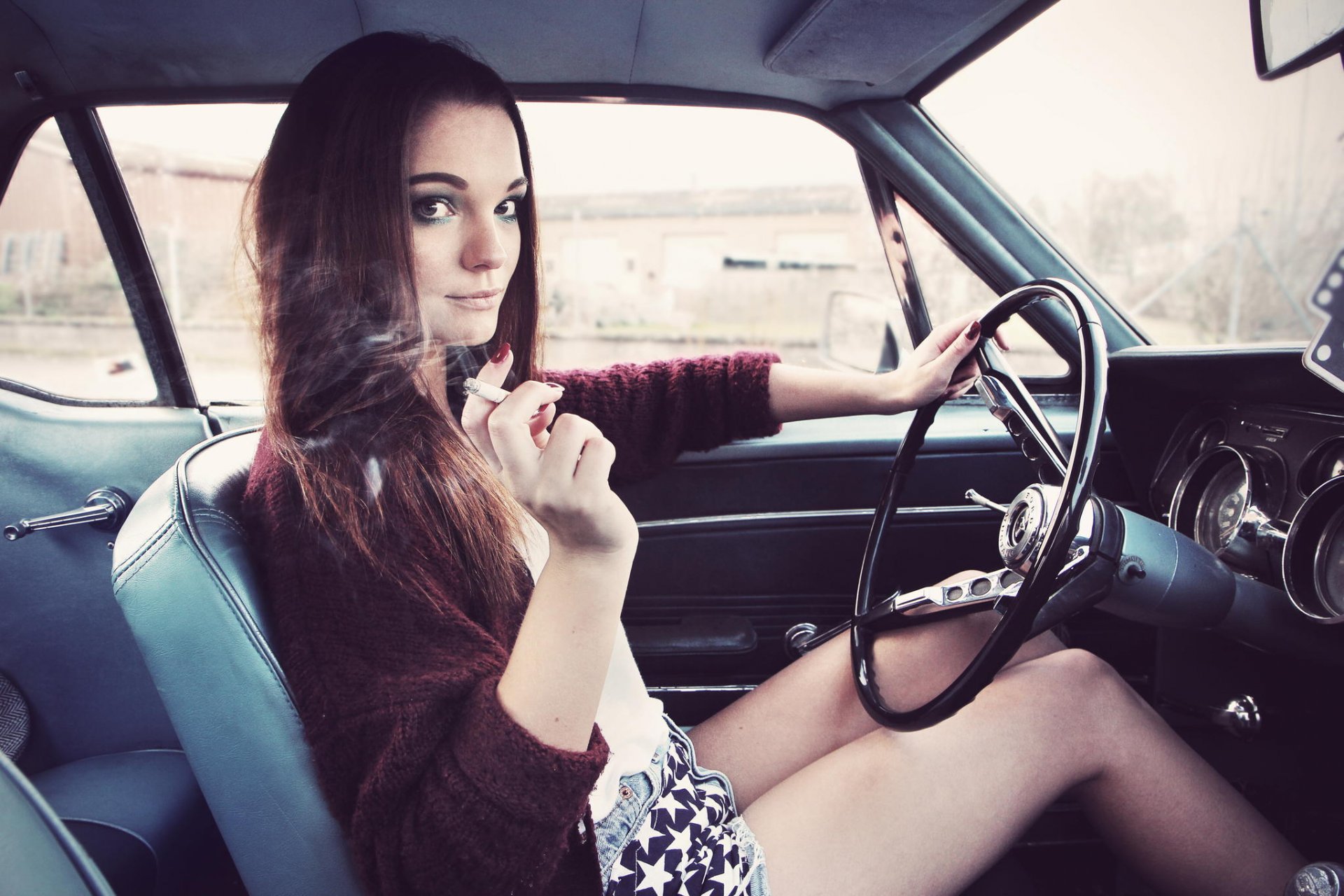 margot entz girl brunette cigarette car ford mustang