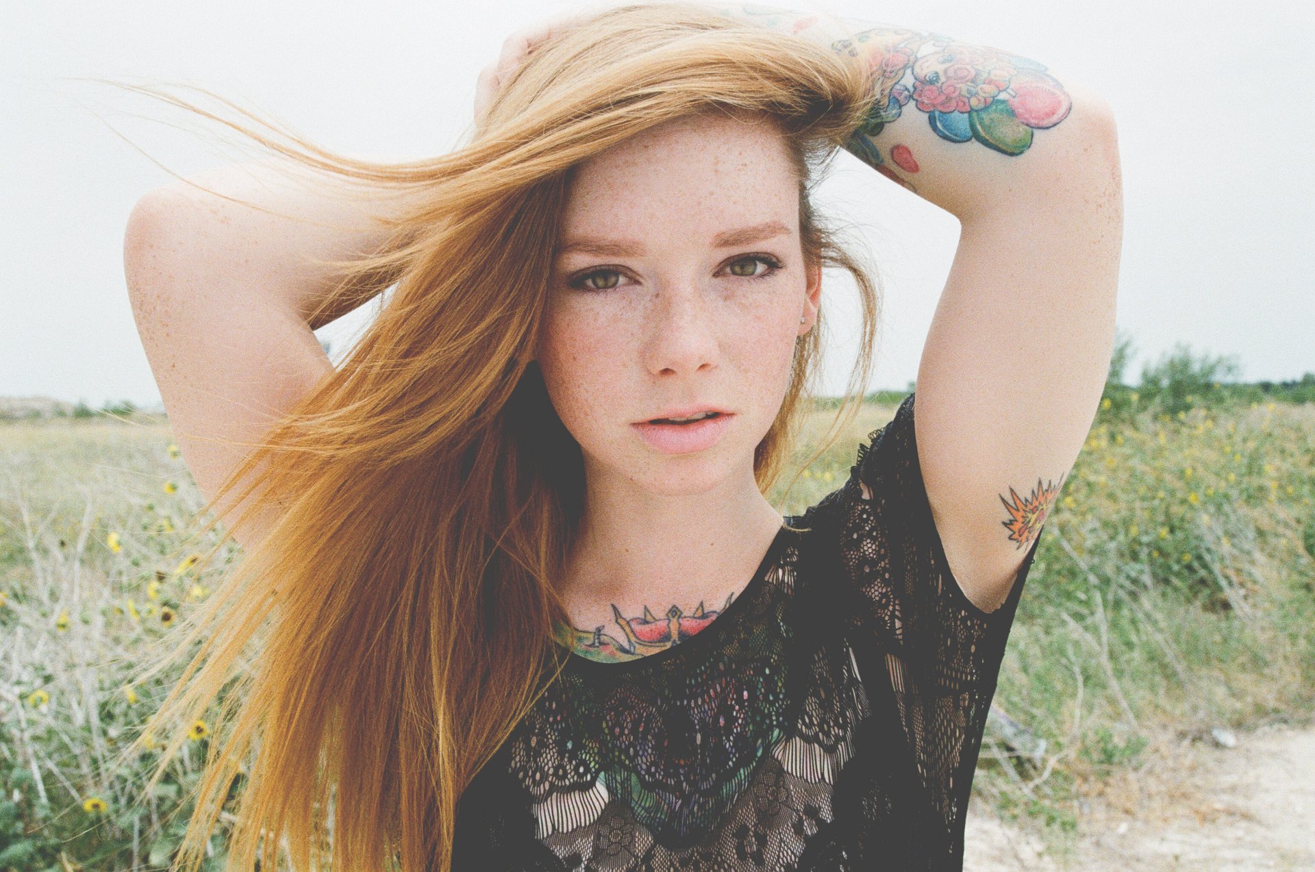 redhead model hattie watson tattoos tattoo habitat girl woman grass freckle