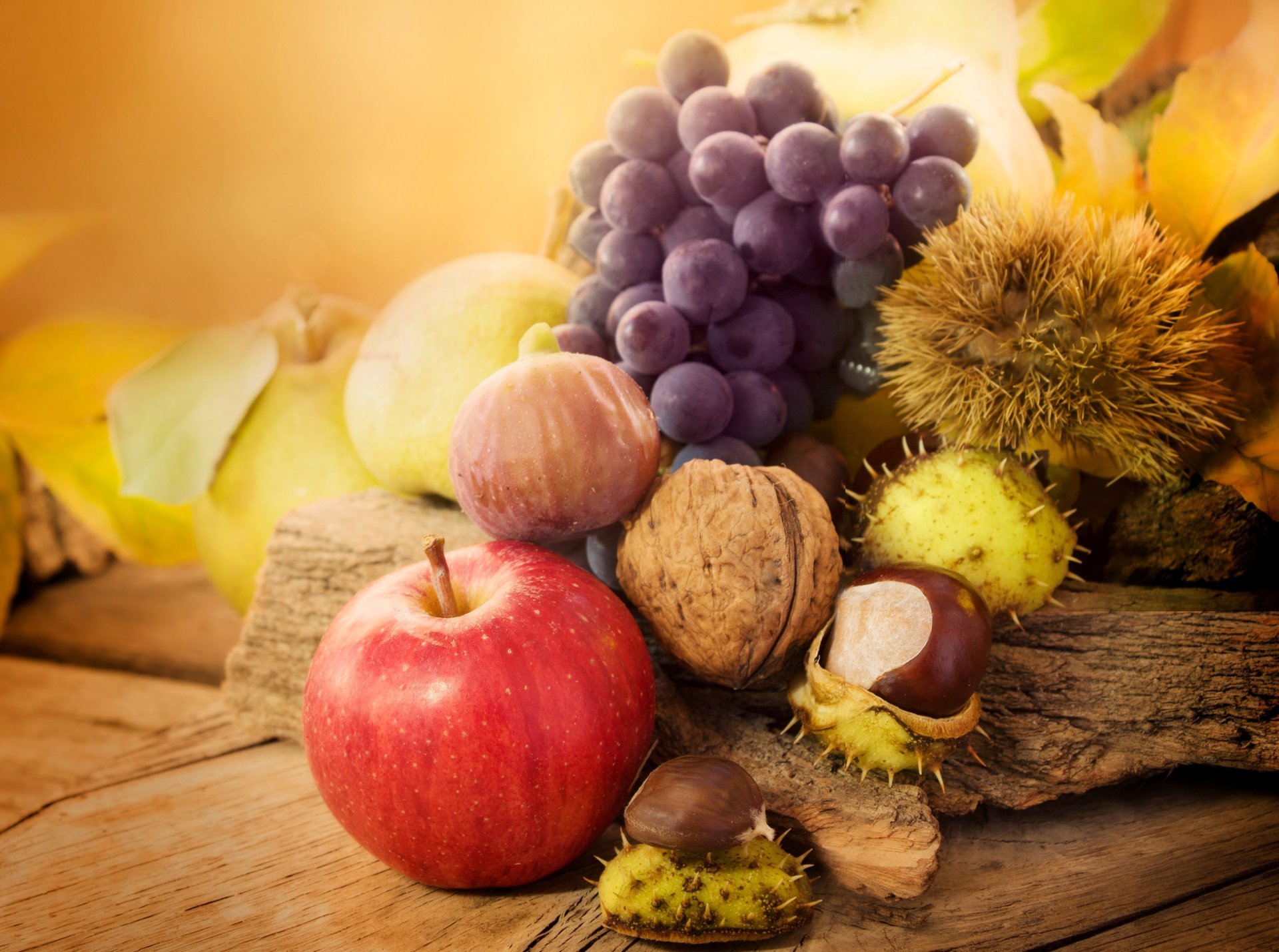 manzana fruta otoño castañas hojas uvas nueces