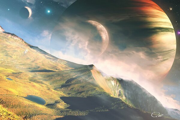 Mountain landscape on the background of planets