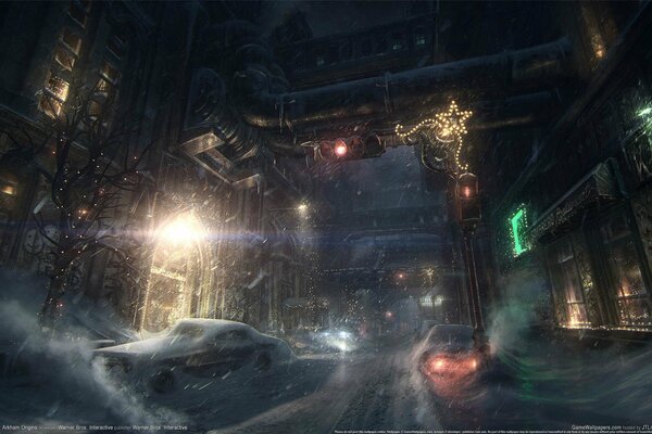 Ein Bild einer Winterstadt im Spiel über Batman