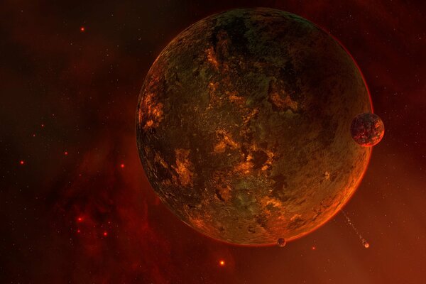 The planet illuminated in red