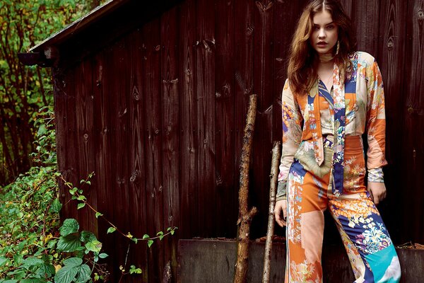 Barbara Palvin on the background of a barn