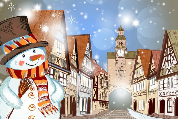 Smiling snowman on the background of the town