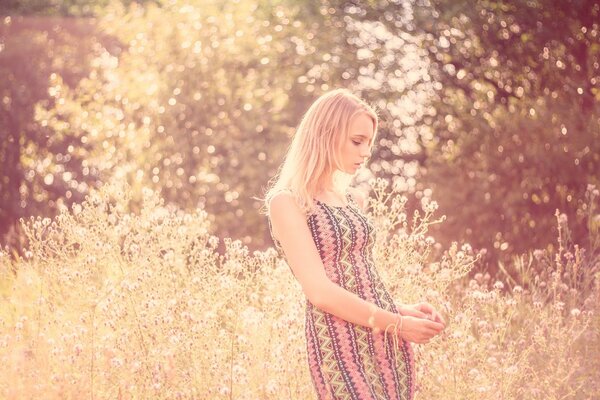 Chica en un hermoso vestido posando en la naturaleza