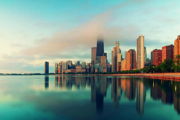 Reflection of Chicago skyscrapers in the Bay water