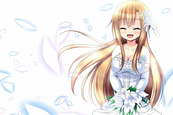 Невеста-аниме смеётся от счастья под лепестками цветов