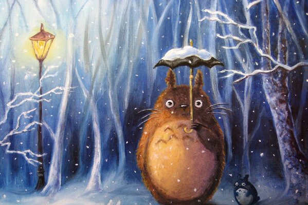 Totoro en el bosque de invierno bajo un paraguas