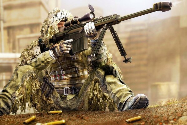 Sniper avec fusil optique tire sur la cible